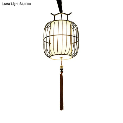 Chinese Style Indoor Pendant Lamp with Bamboo Cylinder Shade - Black/Gold Hanging Fixture