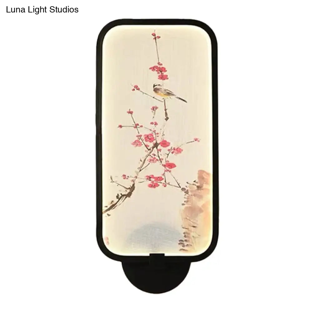Chinese Style LED Acrylic Plum and Bird Mural Rectangle Wall Light