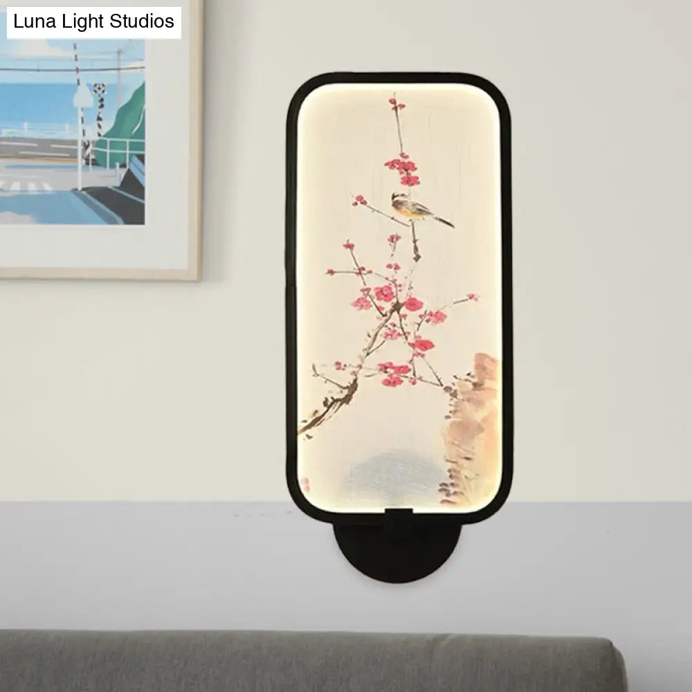 Chinese Style LED Acrylic Plum and Bird Mural Rectangle Wall Light