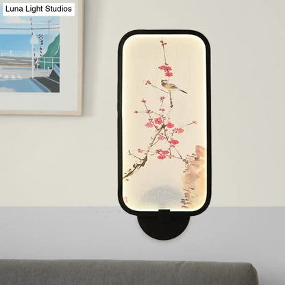 Chinese Style LED Acrylic Plum and Bird Mural Rectangle Wall Light