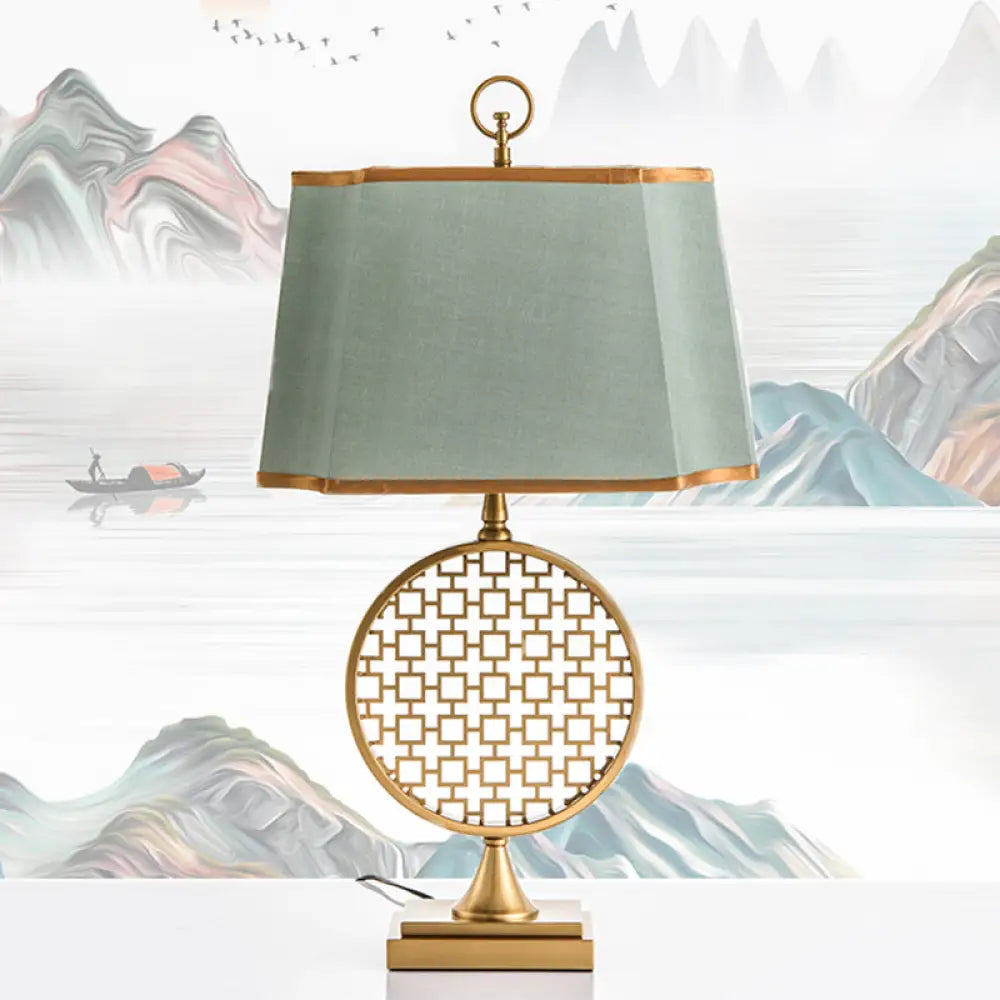 Chinese Style LED Desk Lamp with Gold Drum Shape & Green Fabric Shade
