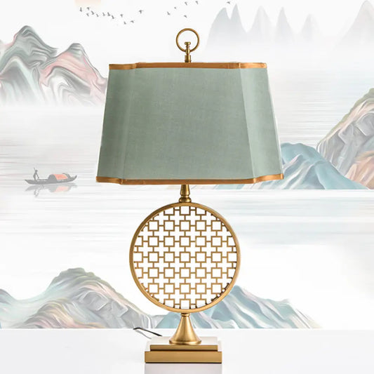 Chinese Style LED Desk Lamp with Gold Drum Shape & Green Fabric Shade