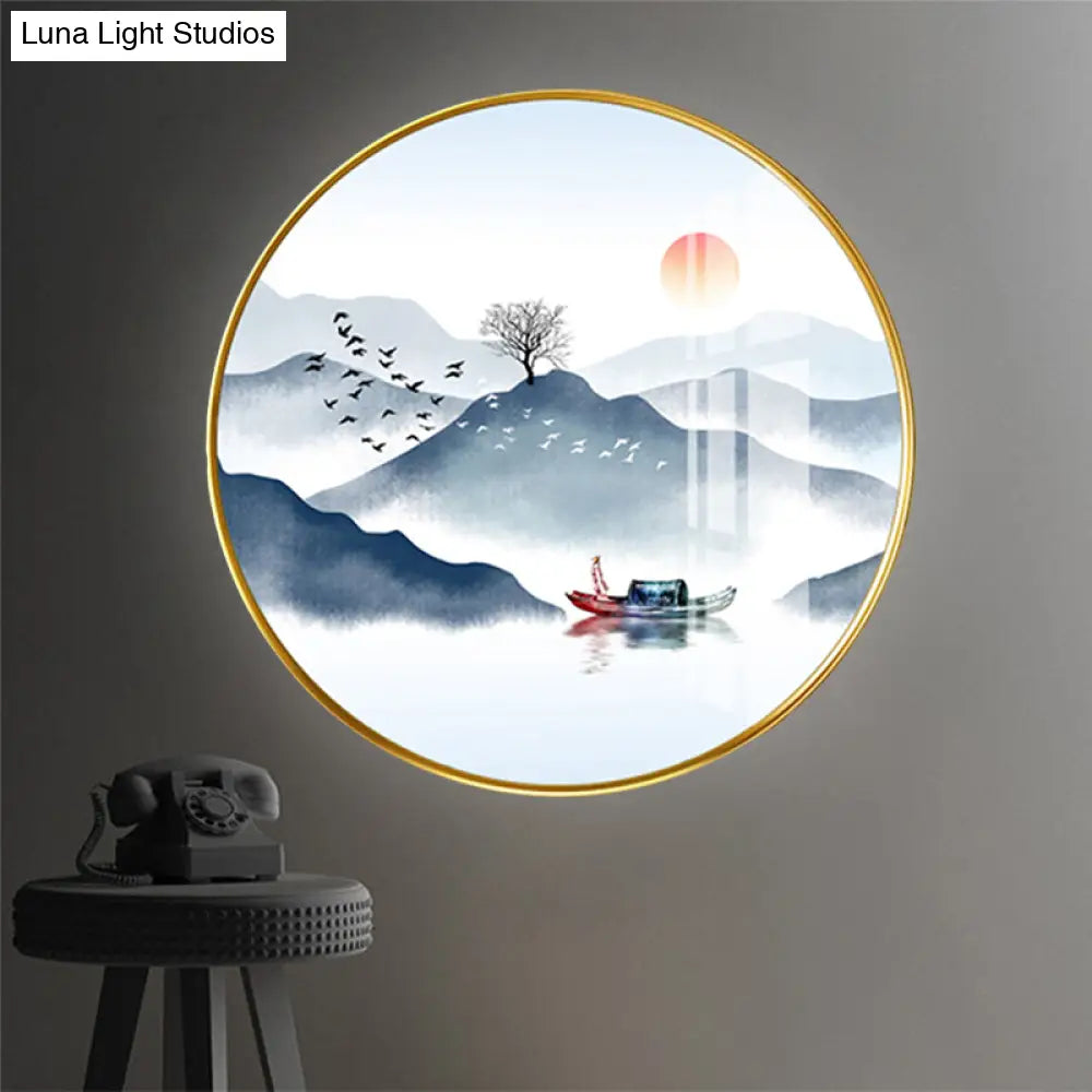 Chinese Style LED Fabric Round Wall Lighting Fixture with Mountain Wall Mural in Gold