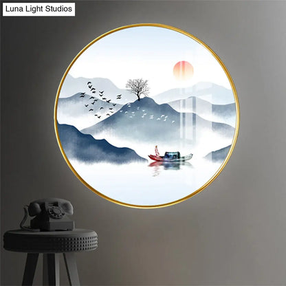 Chinese Style LED Fabric Round Wall Lighting Fixture with Mountain Wall Mural in Gold