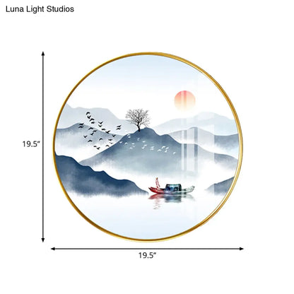 Chinese Style LED Fabric Round Wall Lighting Fixture with Mountain Wall Mural in Gold