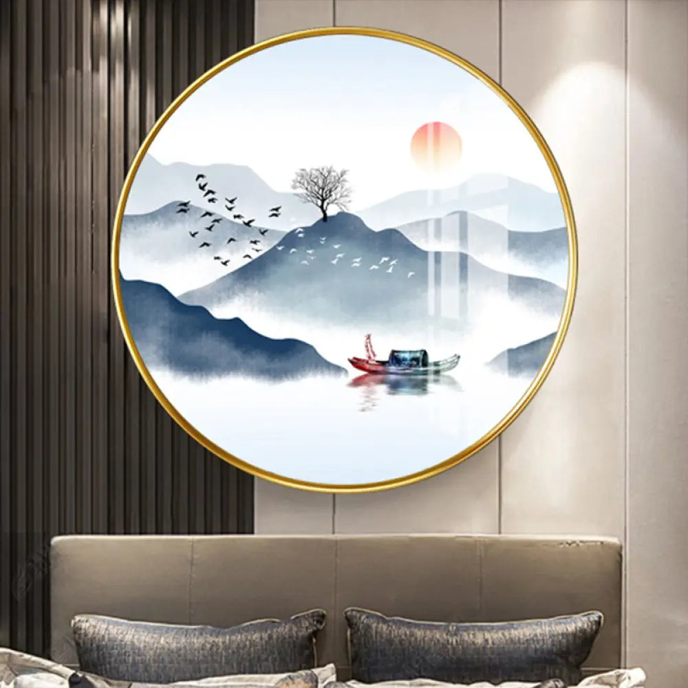 Chinese Style LED Fabric Round Wall Lighting Fixture with Mountain Wall Mural in Gold