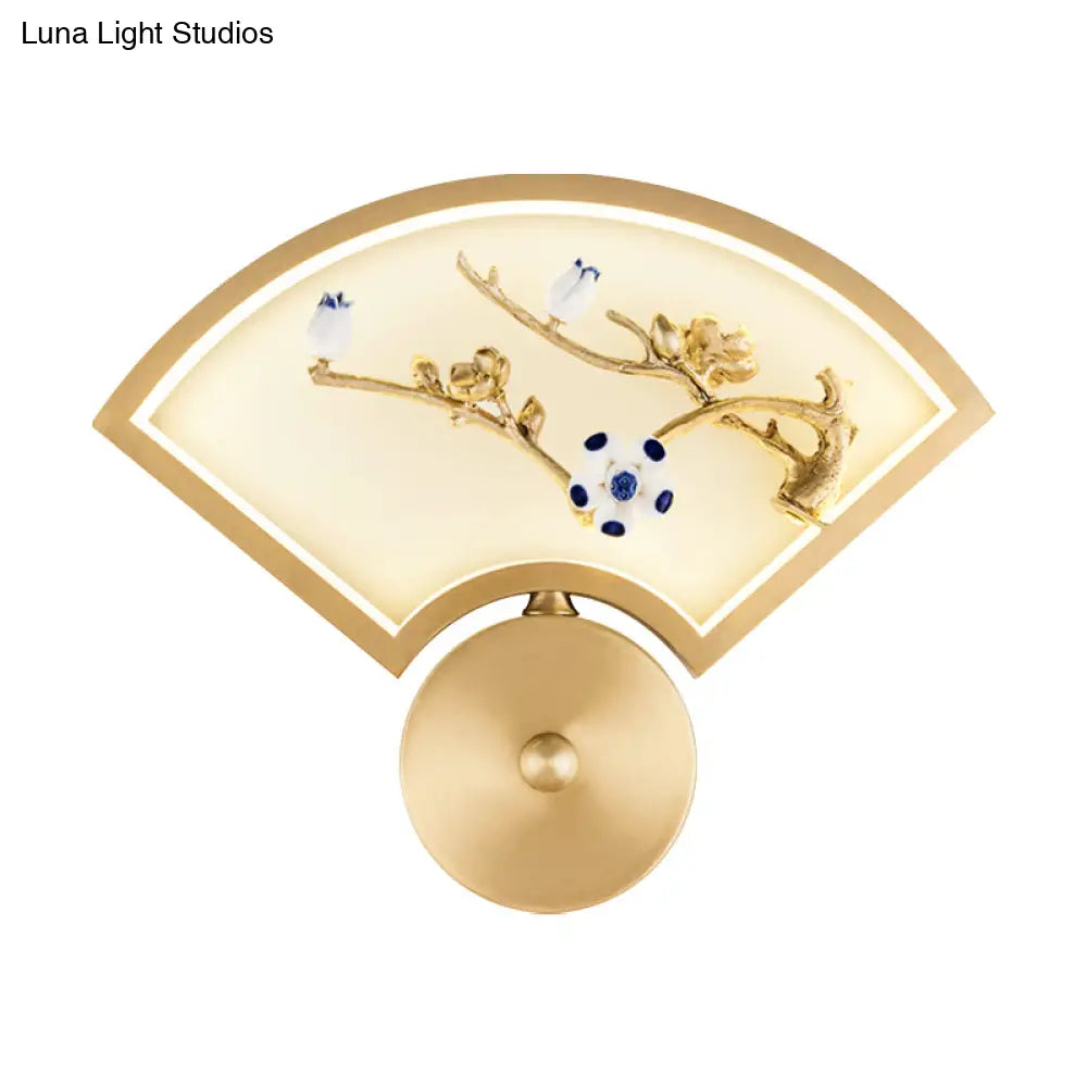 Chinese Style LED Gold Branch Wall Mural Lamp - Fan Metal Wall Mounted Lighting for Corridors