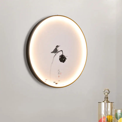 Chinese Style LED Mural Light with Bird and Lotus Design for Dining Room - Black Flush Mount Sconce