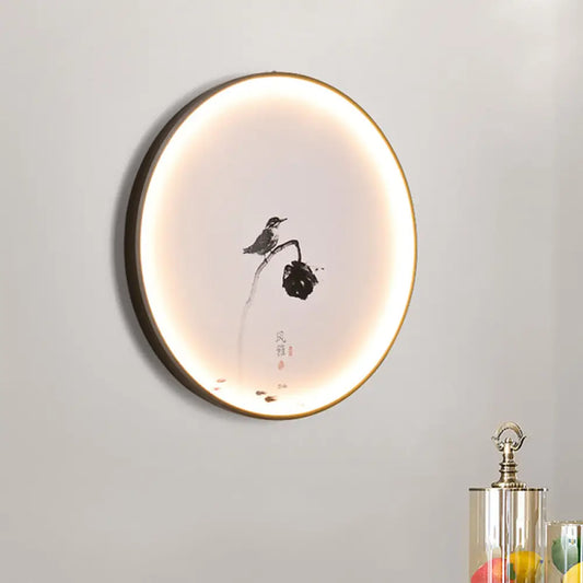 Chinese Style LED Mural Light with Bird and Lotus Design for Dining Room - Black Flush Mount Sconce