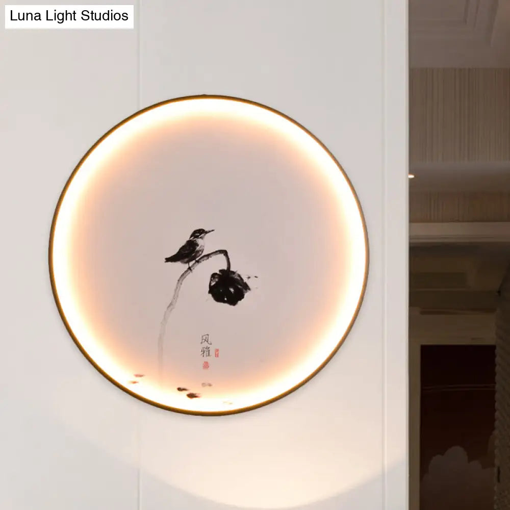 Chinese Style LED Mural Light with Bird and Lotus Design for Dining Room - Black Flush Mount Sconce