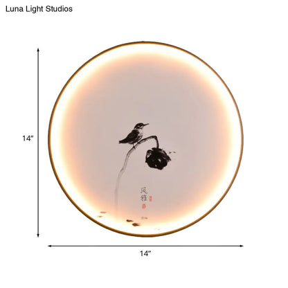 Chinese Style LED Mural Light with Bird and Lotus Design for Dining Room - Black Flush Mount Sconce