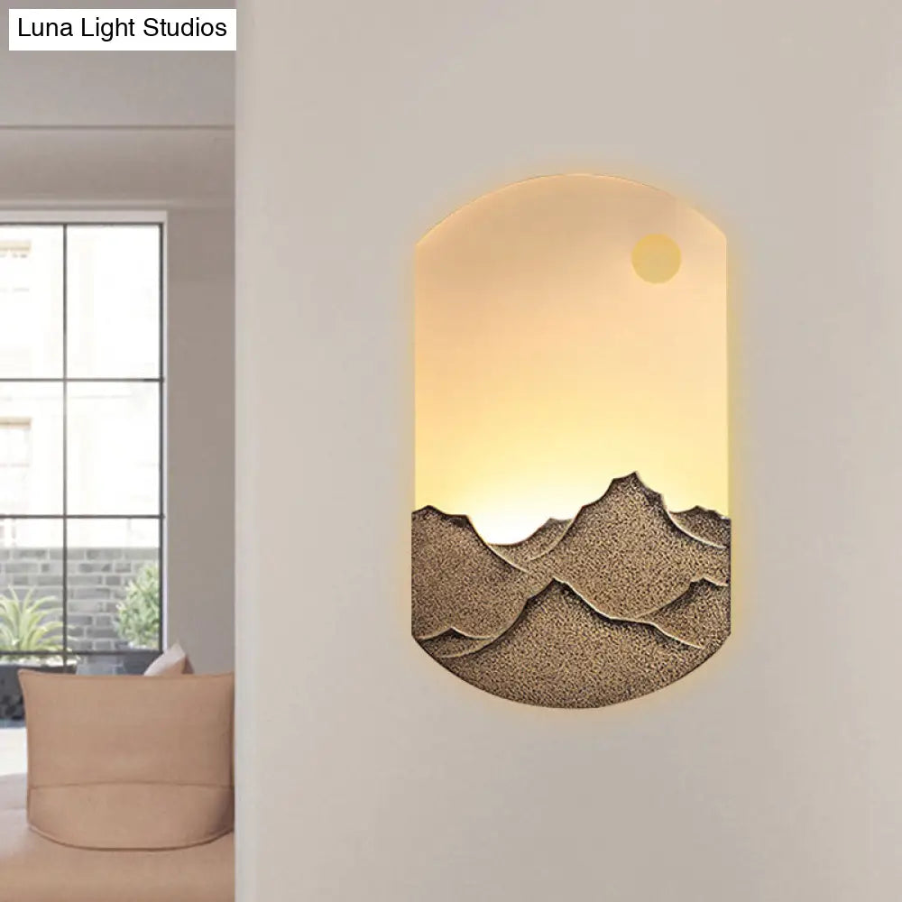 Chinese Style LED Oval Wall Mural Light - Silver/Brown Acrylic Mount with Mountain Pattern for Bedroom
