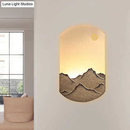 Chinese Style LED Oval Wall Mural Light - Silver/Brown Acrylic Mount with Mountain Pattern for Bedroom