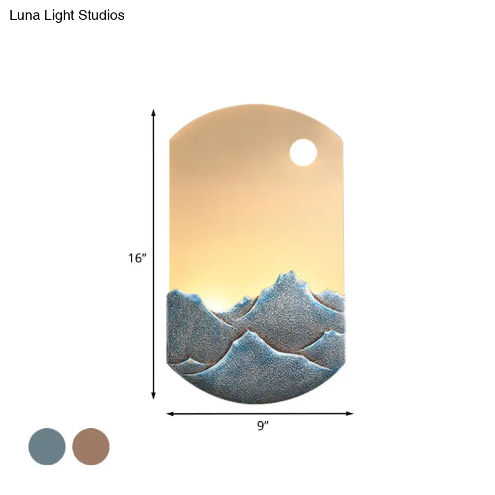 Chinese Style LED Oval Wall Mural Light - Silver/Brown Acrylic Mount with Mountain Pattern for Bedroom