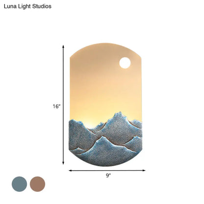 Chinese Style LED Oval Wall Mural Light - Silver/Brown Acrylic Mount with Mountain Pattern for Bedroom
