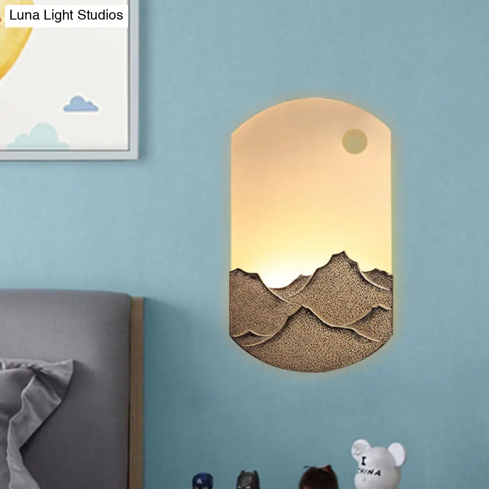 Chinese Style LED Oval Wall Mural Light - Silver/Brown Acrylic Mount with Mountain Pattern for Bedroom