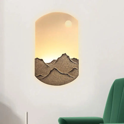 Chinese Style LED Oval Wall Mural Light - Silver/Brown Acrylic Mount with Mountain Pattern for Bedroom