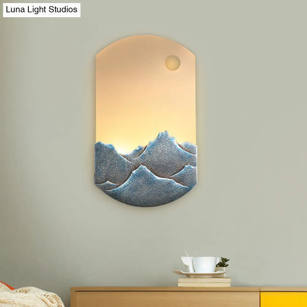 Chinese Style LED Oval Wall Mural Light - Silver/Brown Acrylic Mount with Mountain Pattern for Bedroom