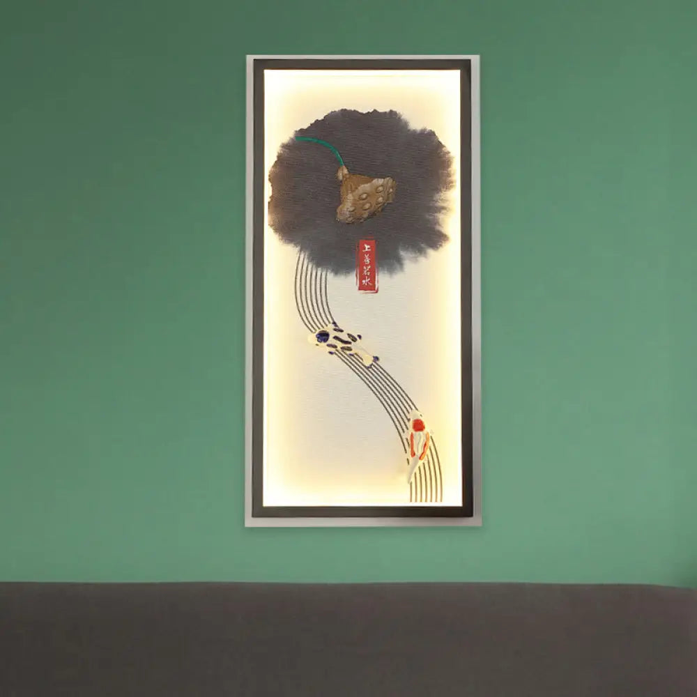 Chinese Style LED Wall Lamp - Black Lotus Seed and Fish Mural Lighting Fixture