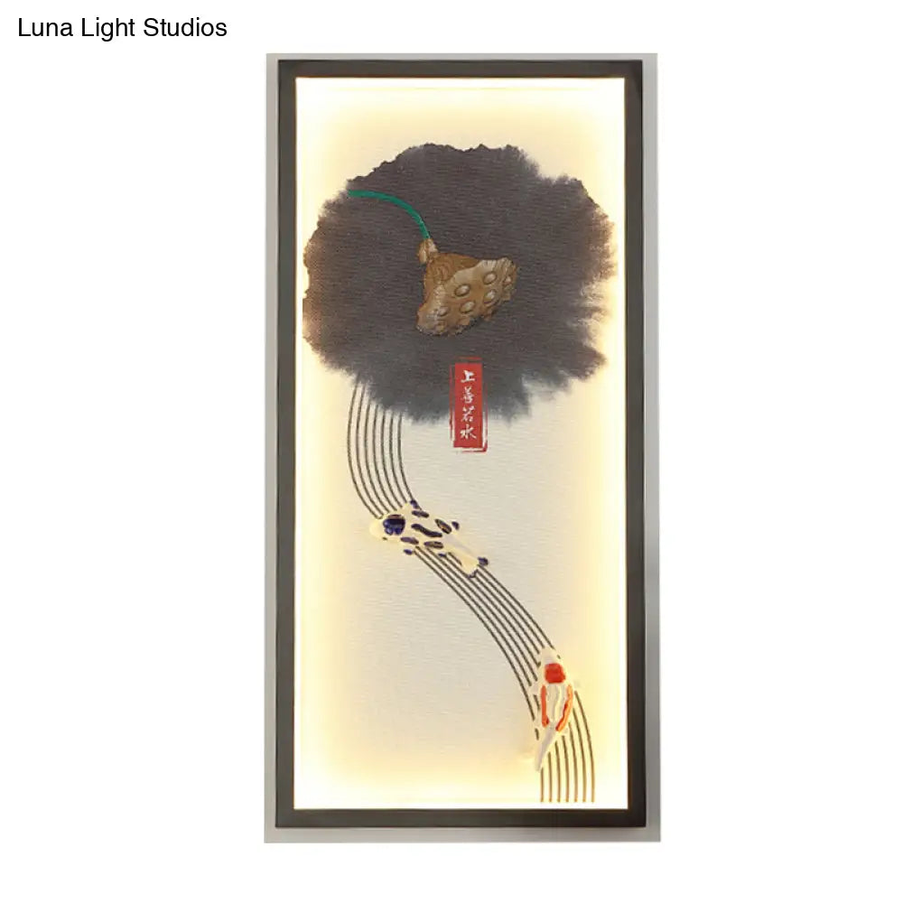 Chinese Style LED Wall Lamp - Black Lotus Seed and Fish Mural Lighting Fixture