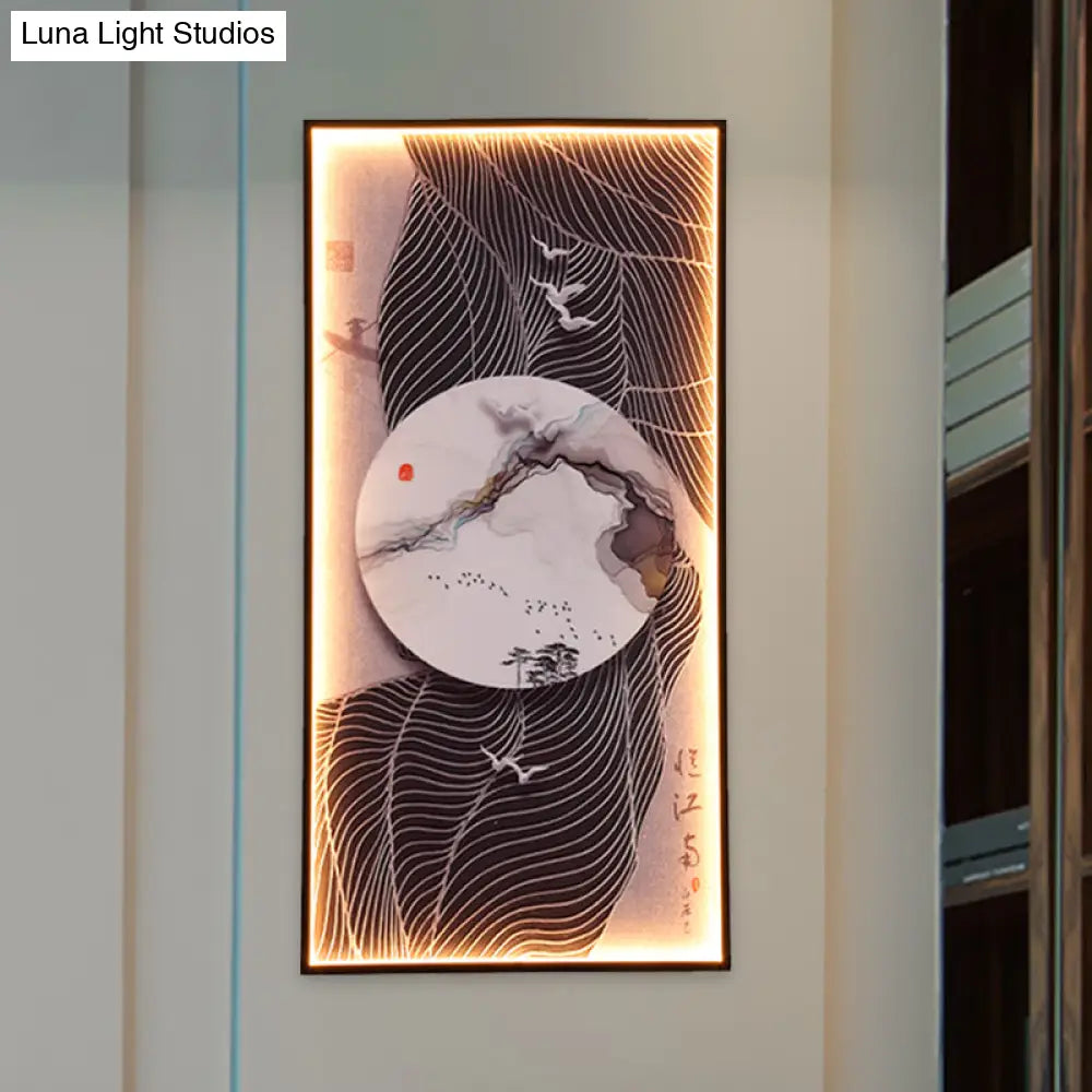 Chinese Style LED Wall Lamp - Fabric Script/Landscapes Mural Lighting - Black