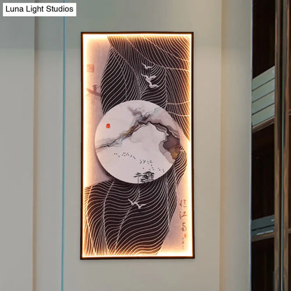 Chinese Style LED Wall Lamp - Fabric Script/Landscapes Mural Lighting - Black