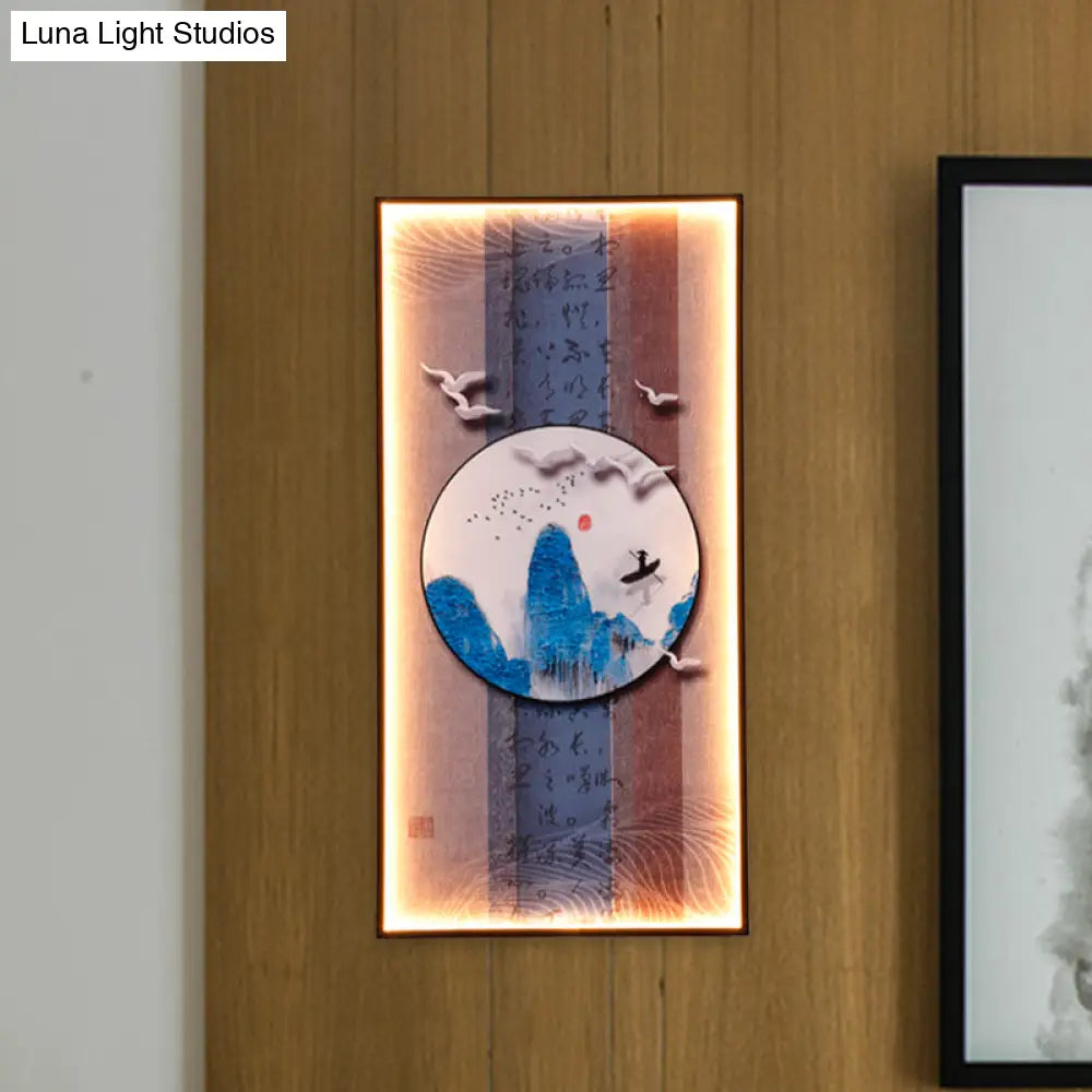 Chinese Style LED Wall Lamp - Fabric Script/Landscapes Mural Lighting - Black