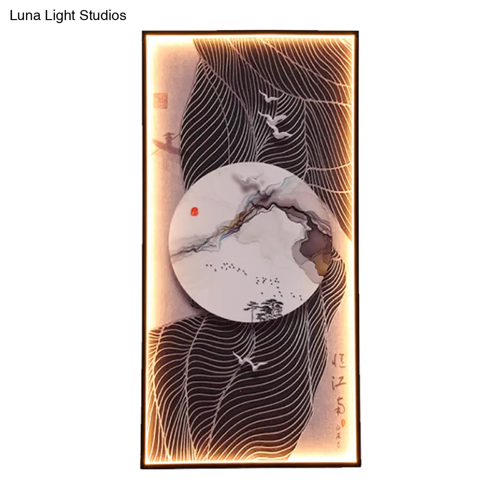 Chinese Style LED Wall Lamp - Fabric Script/Landscapes Mural Lighting - Black