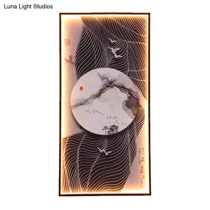 Chinese Style LED Wall Lamp - Fabric Script/Landscapes Mural Lighting - Black