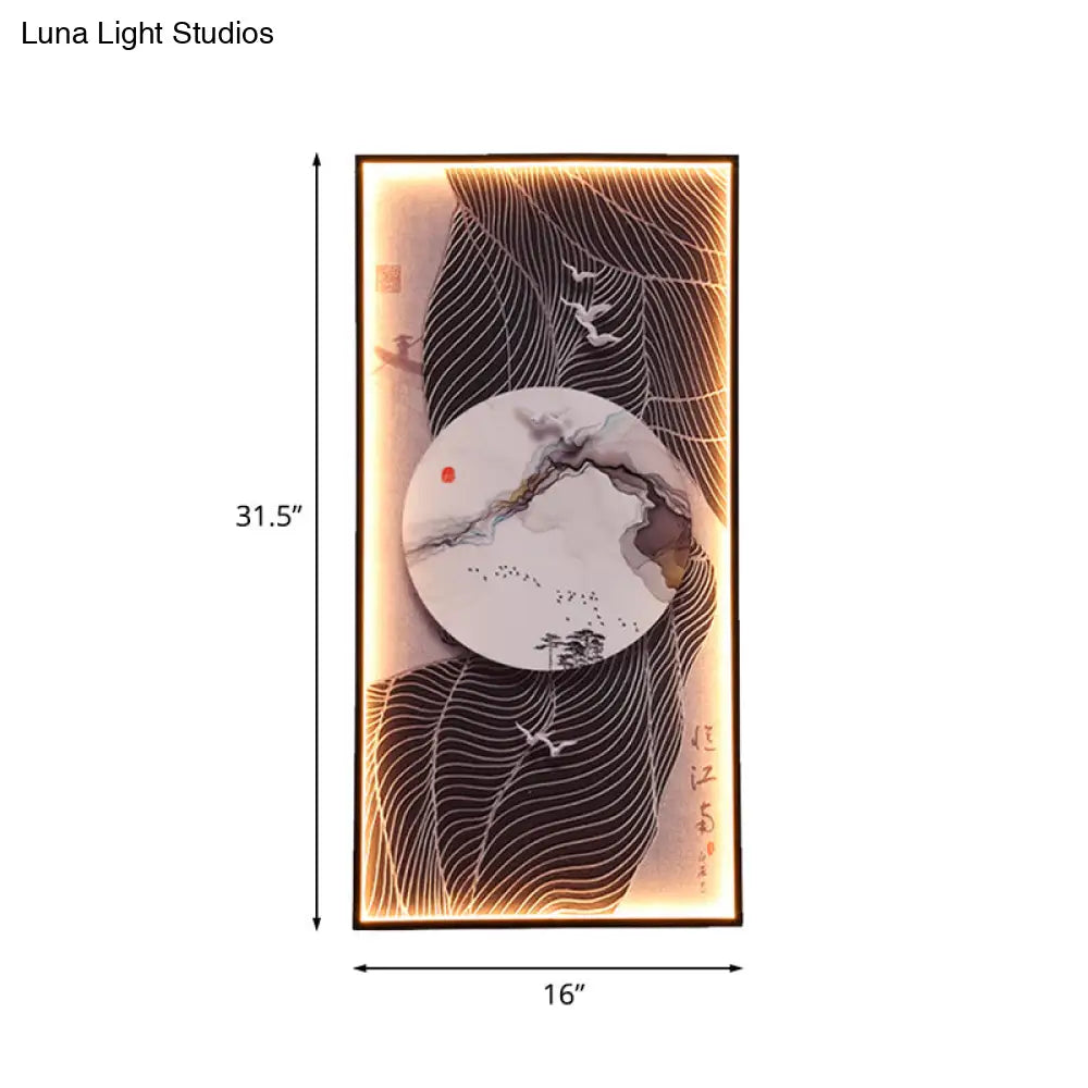 Chinese Style LED Wall Lamp - Fabric Script/Landscapes Mural Lighting - Black