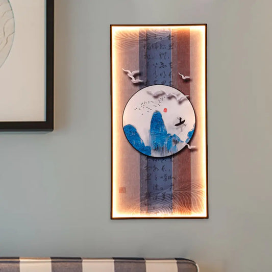 Chinese Style LED Wall Lamp - Fabric Script/Landscapes Mural Lighting - Black