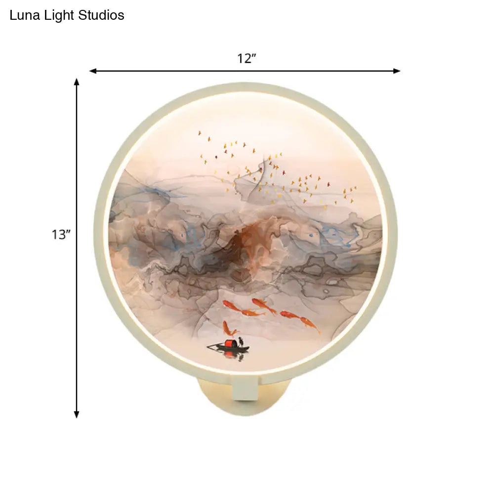 Chinese Style LED Wall Light - White Acrylic Mural Lamp for Hallway with Fish and Bird Design