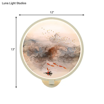 Chinese Style LED Wall Light - White Acrylic Mural Lamp for Hallway with Fish and Bird Design