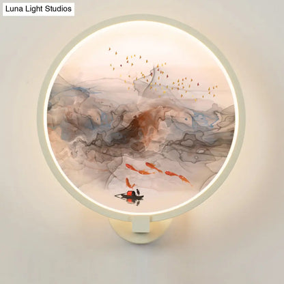 Chinese Style LED Wall Light - White Acrylic Mural Lamp for Hallway with Fish and Bird Design