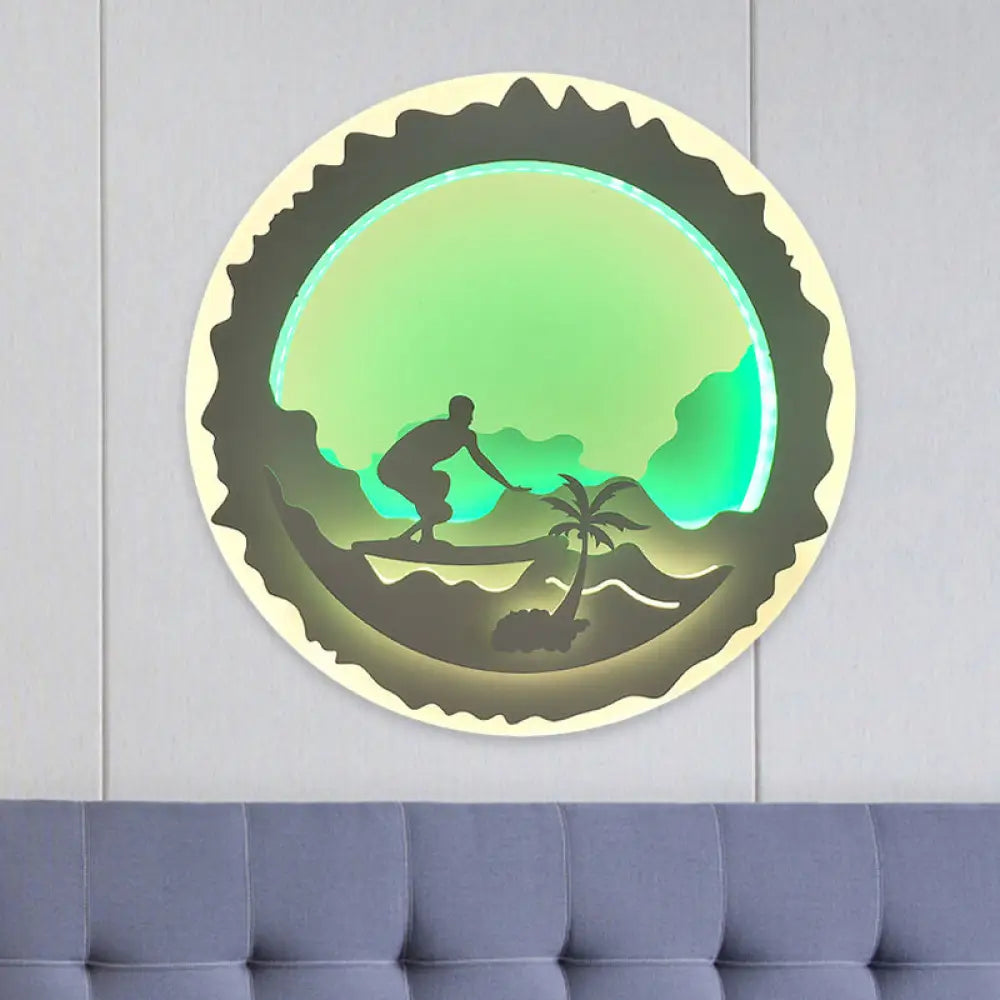 Chinese Style LED Wall Mounted Bedroom Mural Light with Loving Family/Surfing Pattern in Purple/Green