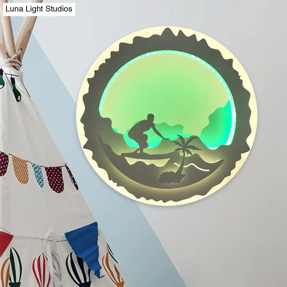 Chinese Style LED Wall Mounted Bedroom Mural Light with Loving Family/Surfing Pattern in Purple/Green