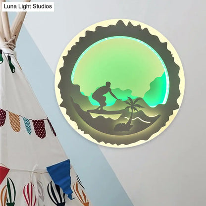 Chinese Style LED Wall Mounted Bedroom Mural Light with Loving Family/Surfing Pattern in Purple/Green
