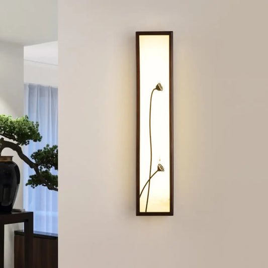 Chinese Style LED Wall Mural Lamp - Acrylic Brown Rectangle Wall Mounted Light with Lotus/Leaf Pattern