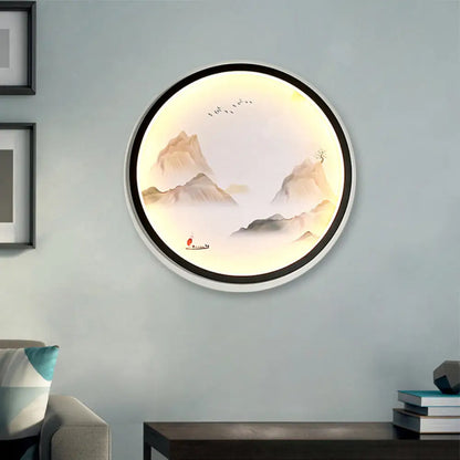 Chinese Style LED Wall Sconce - Foggy Mountains Fabric Mural Lamp