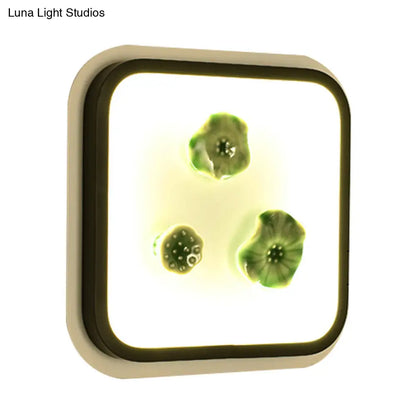 Chinese Style Lotus Wall Lamp: LED Porcelain Light in Black and White Square Design