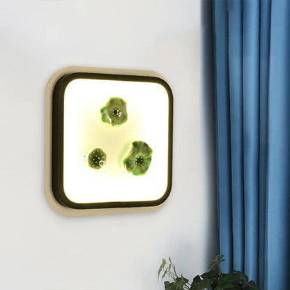 Chinese Style Lotus Wall Lamp: LED Porcelain Light in Black and White Square Design