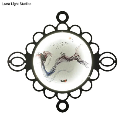 Chinese Style Mountain Landscape Metal Mural Lamp: Black LED Wall Mount Lighting with Edge Circles