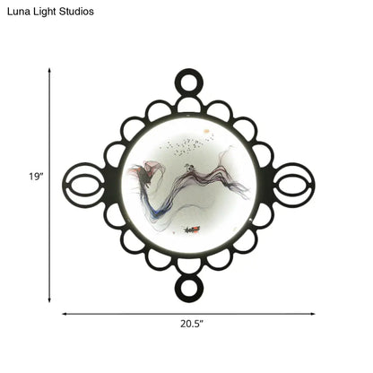 Chinese Style Mountain Landscape Metal Mural Lamp: Black LED Wall Mount Lighting with Edge Circles