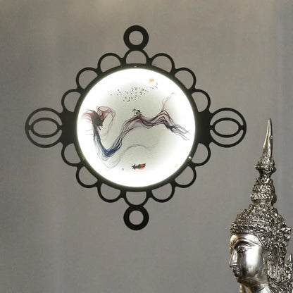 Chinese Style Mountain Landscape Metal Mural Lamp: Black LED Wall Mount Lighting with Edge Circles