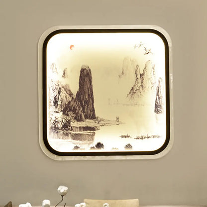 Lámpara mural cuadrada de estilo chino con estampado de montaña y luz LED empotrada para salón, en tela gris/azul.