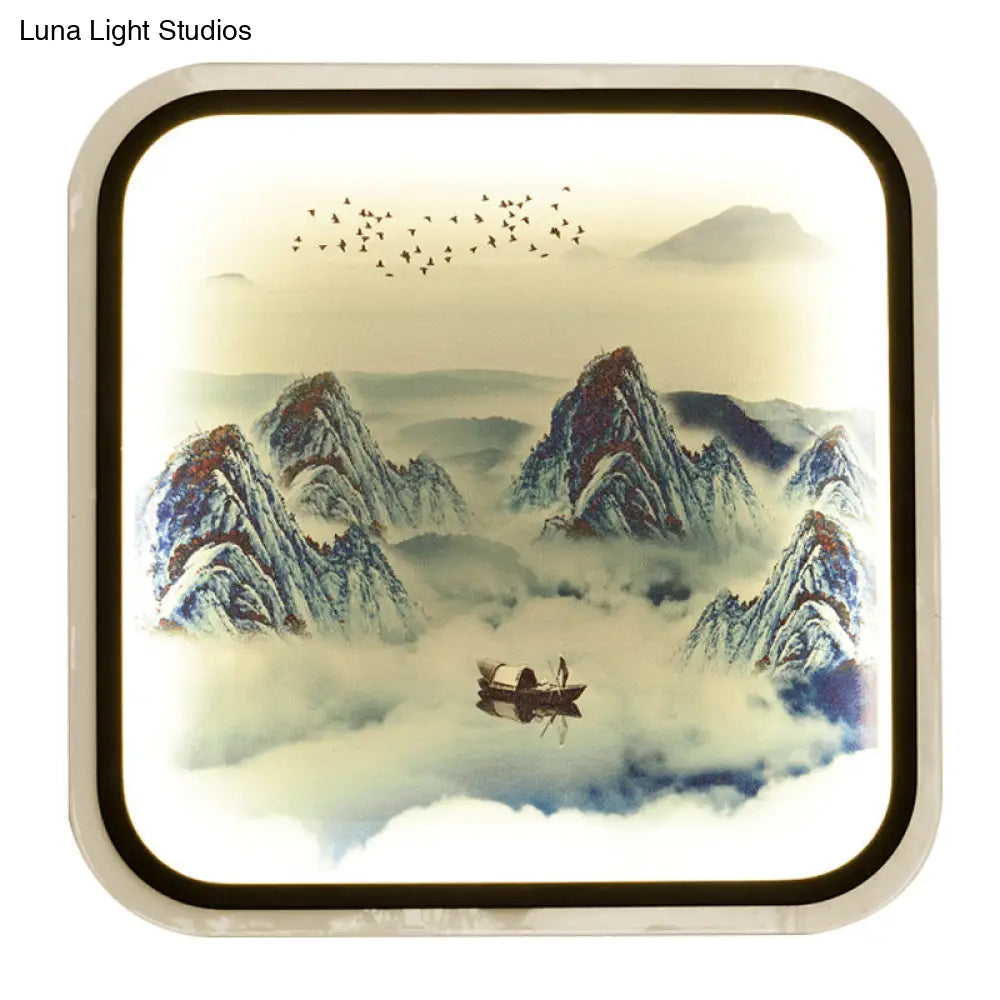 Lámpara mural cuadrada de estilo chino con estampado de montaña y luz LED empotrada para salón, en tela gris/azul.