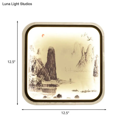 Lámpara mural cuadrada de estilo chino con estampado de montaña y luz LED empotrada para salón, en tela gris/azul.