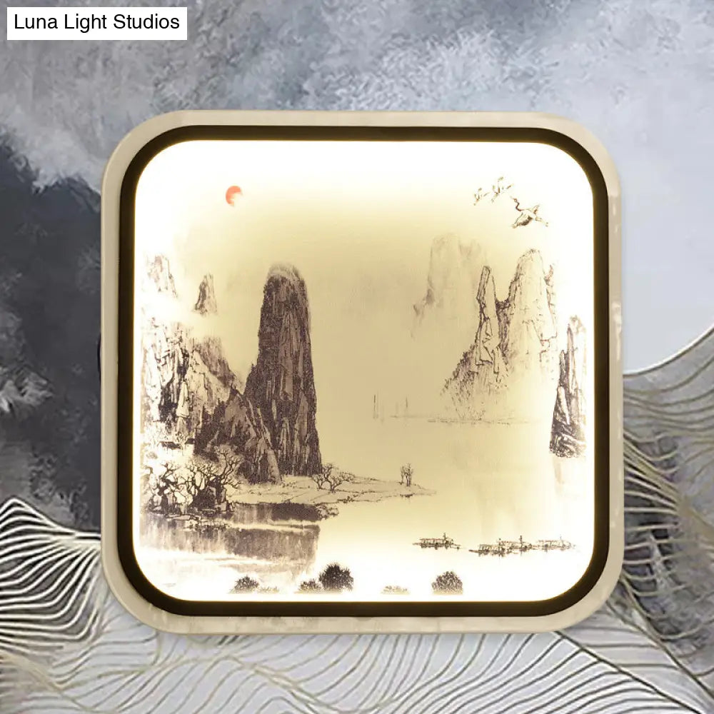 Lámpara mural cuadrada de estilo chino con estampado de montaña y luz LED empotrada para salón, en tela gris/azul.