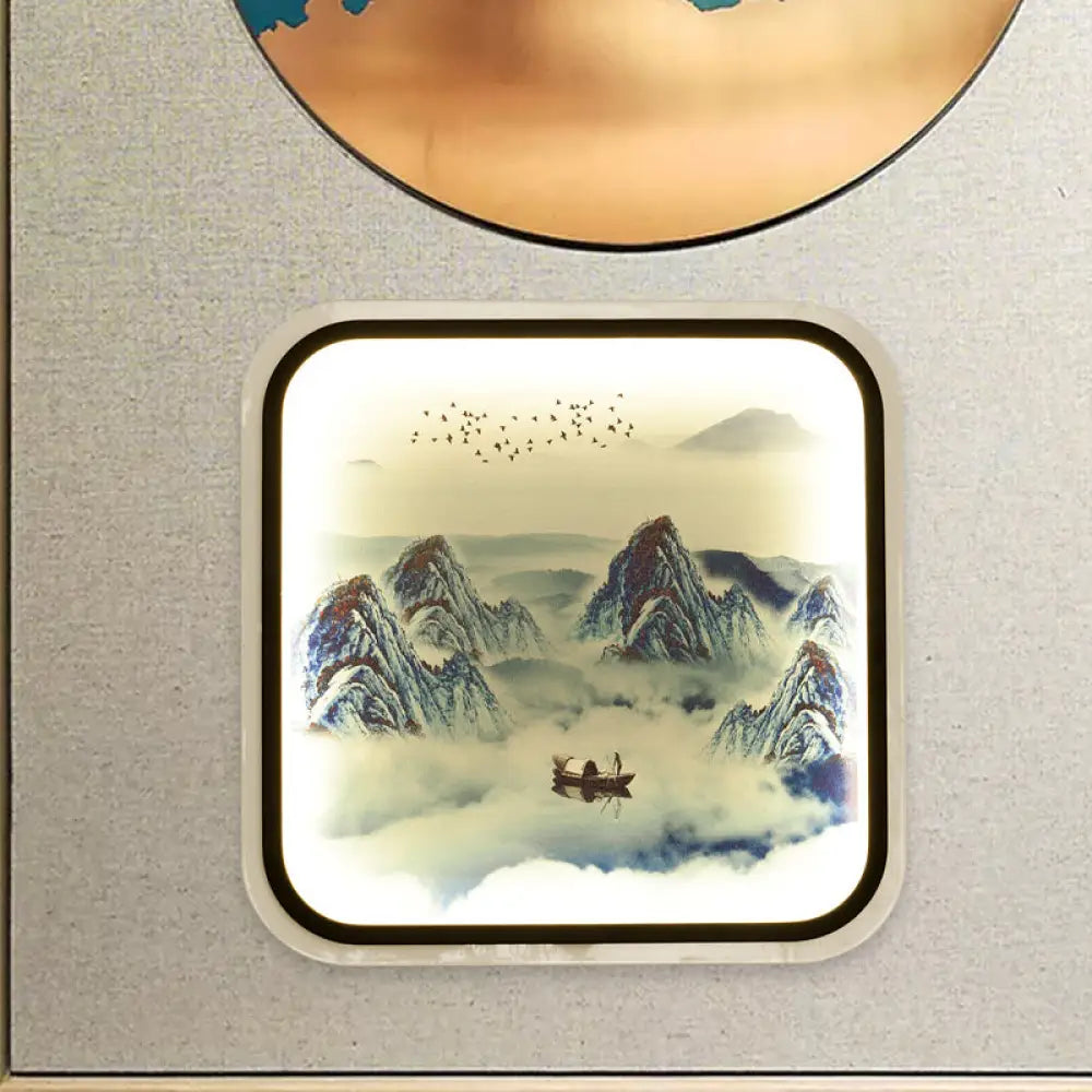 Lámpara mural cuadrada de estilo chino con estampado de montaña y luz LED empotrada para salón, en tela gris/azul.