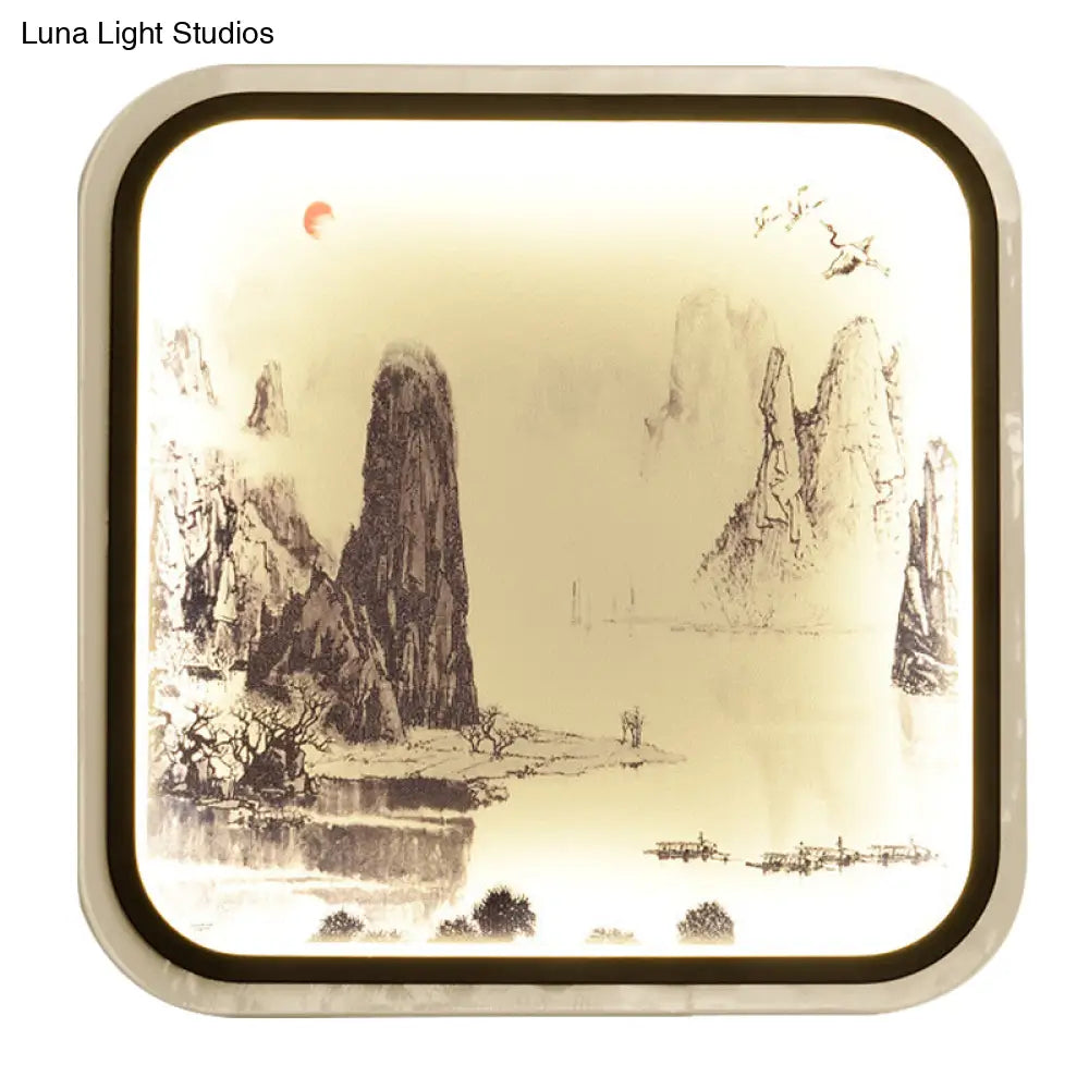 Lámpara mural cuadrada de estilo chino con estampado de montaña y luz LED empotrada para salón, en tela gris/azul.